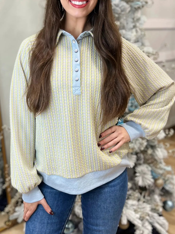 Light Green Half-snap collared ribbed knit sweatshirt