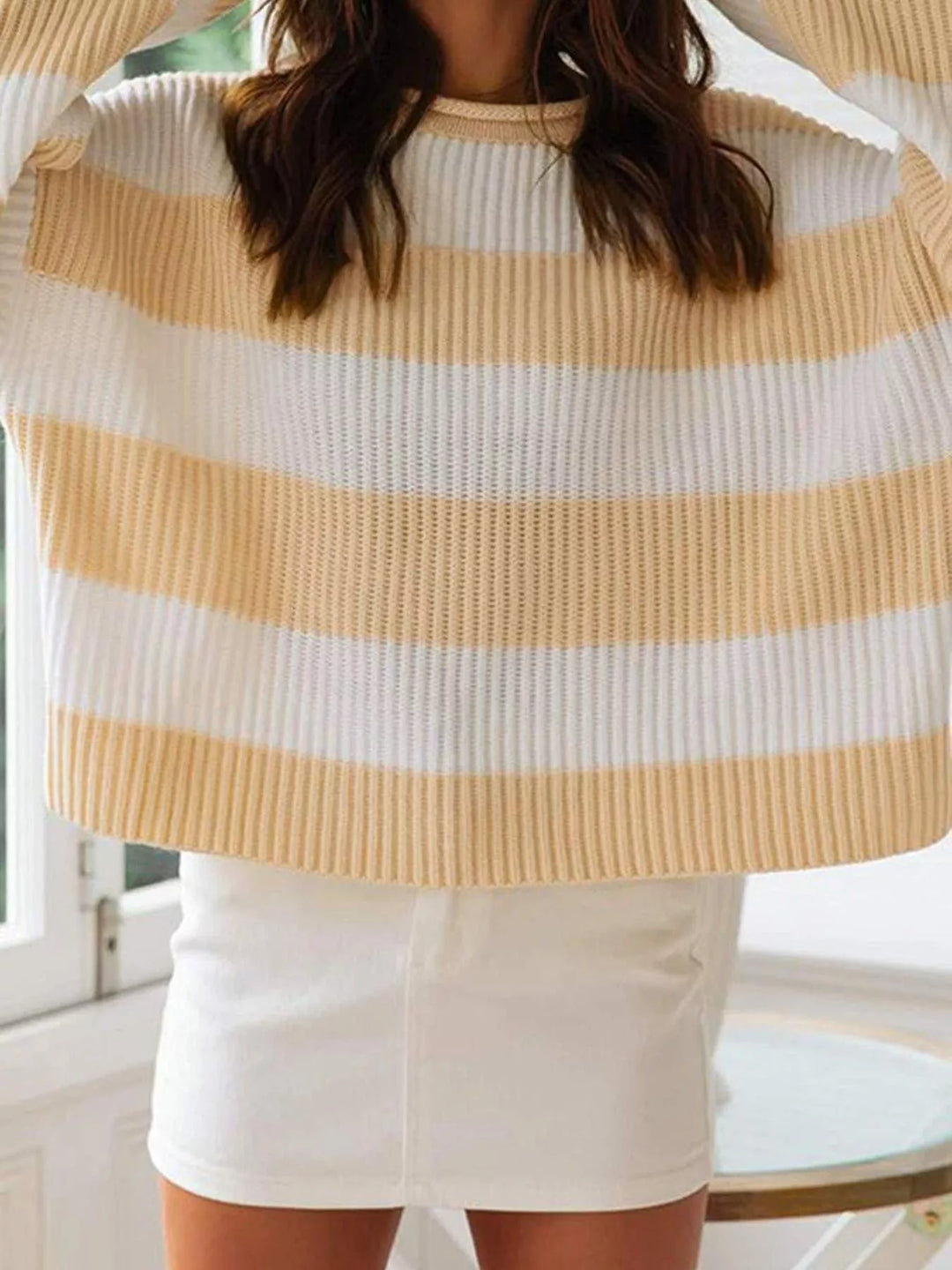 Khaki Oversized striped ribbed knit crew neck sweater