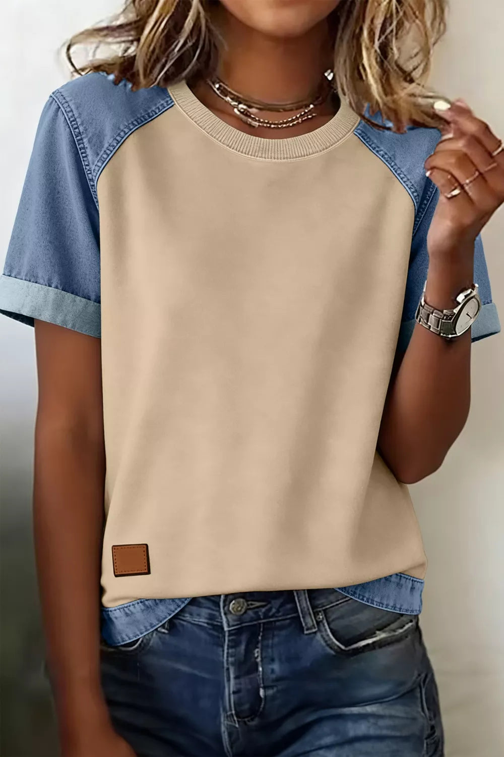Tan Color block denim raglan sleeve crew neck tee
