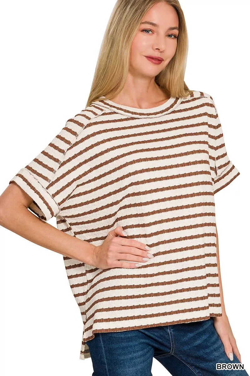 BROWN Textured stripe jacquard round neck tee