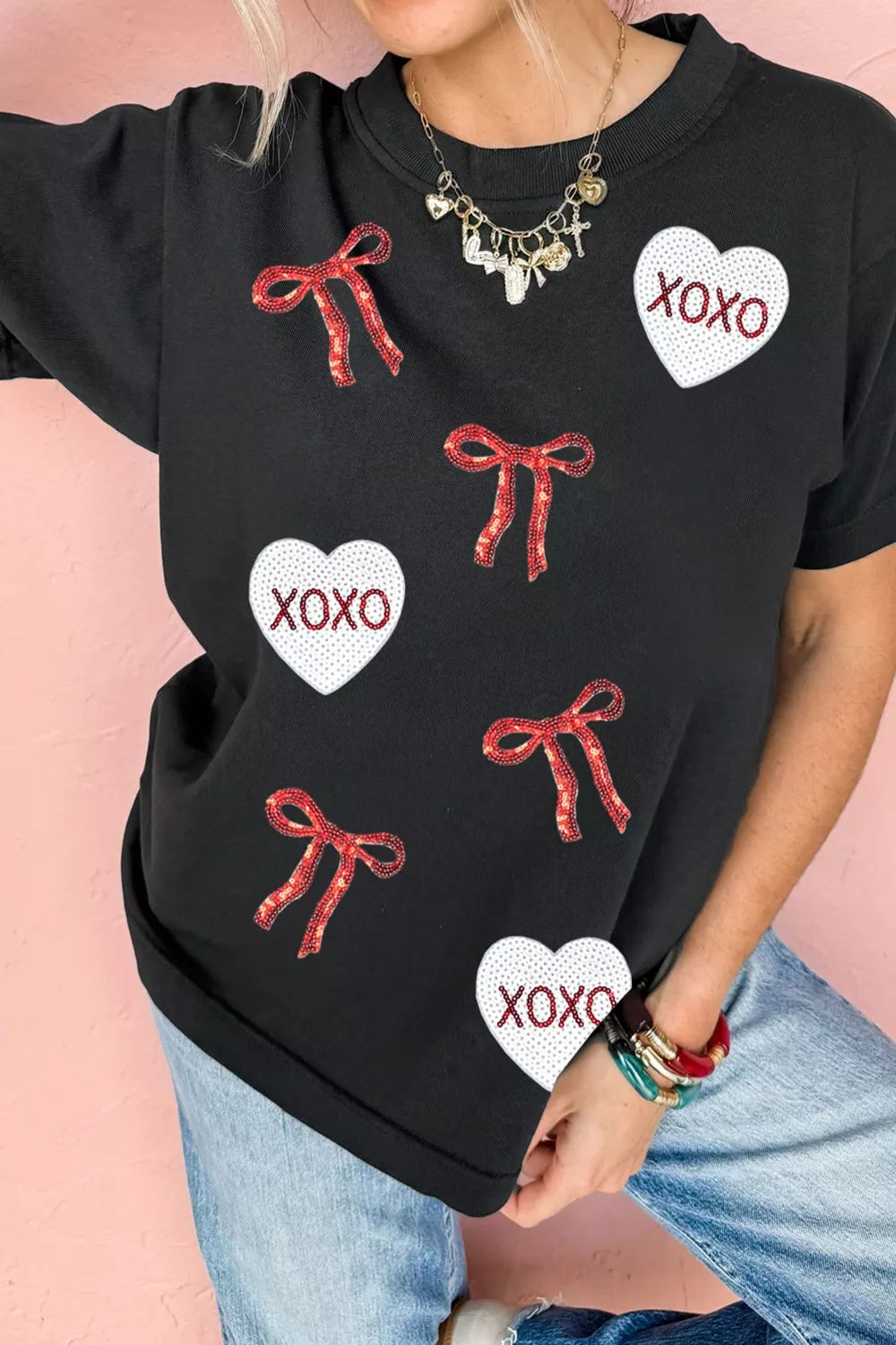 Black Sequin bow and heart patch valentine&