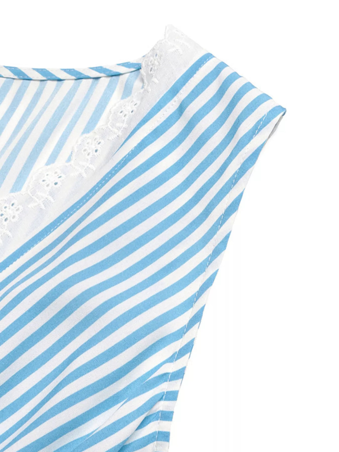 Striped sleeveless tiered midi dress with lace trim