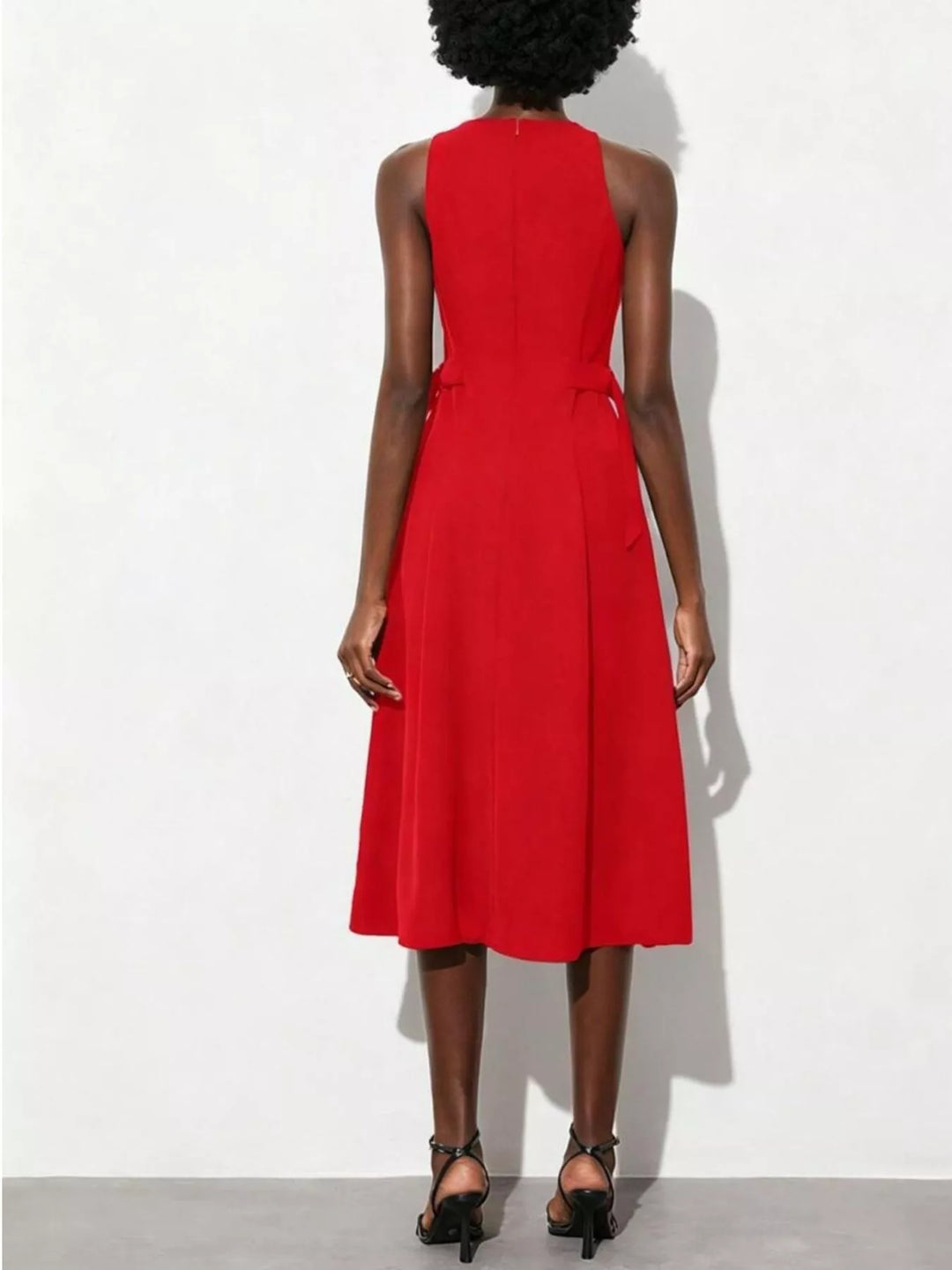 Open-back sleeveless midi dress with side tie