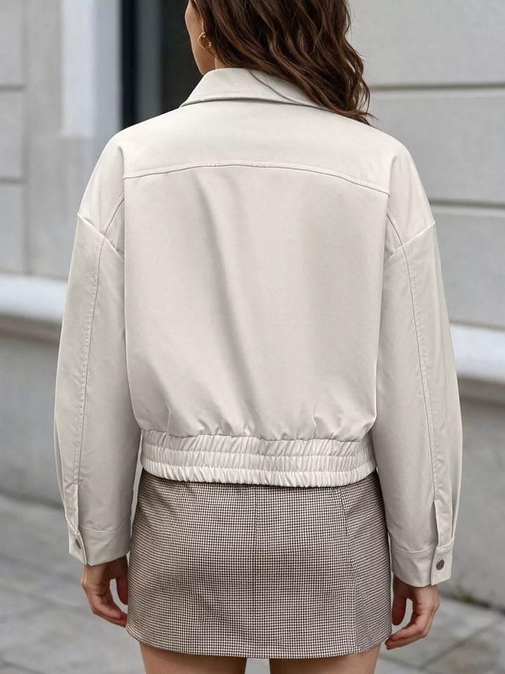 Cropped faux leather bomber jacket with collar and zip front