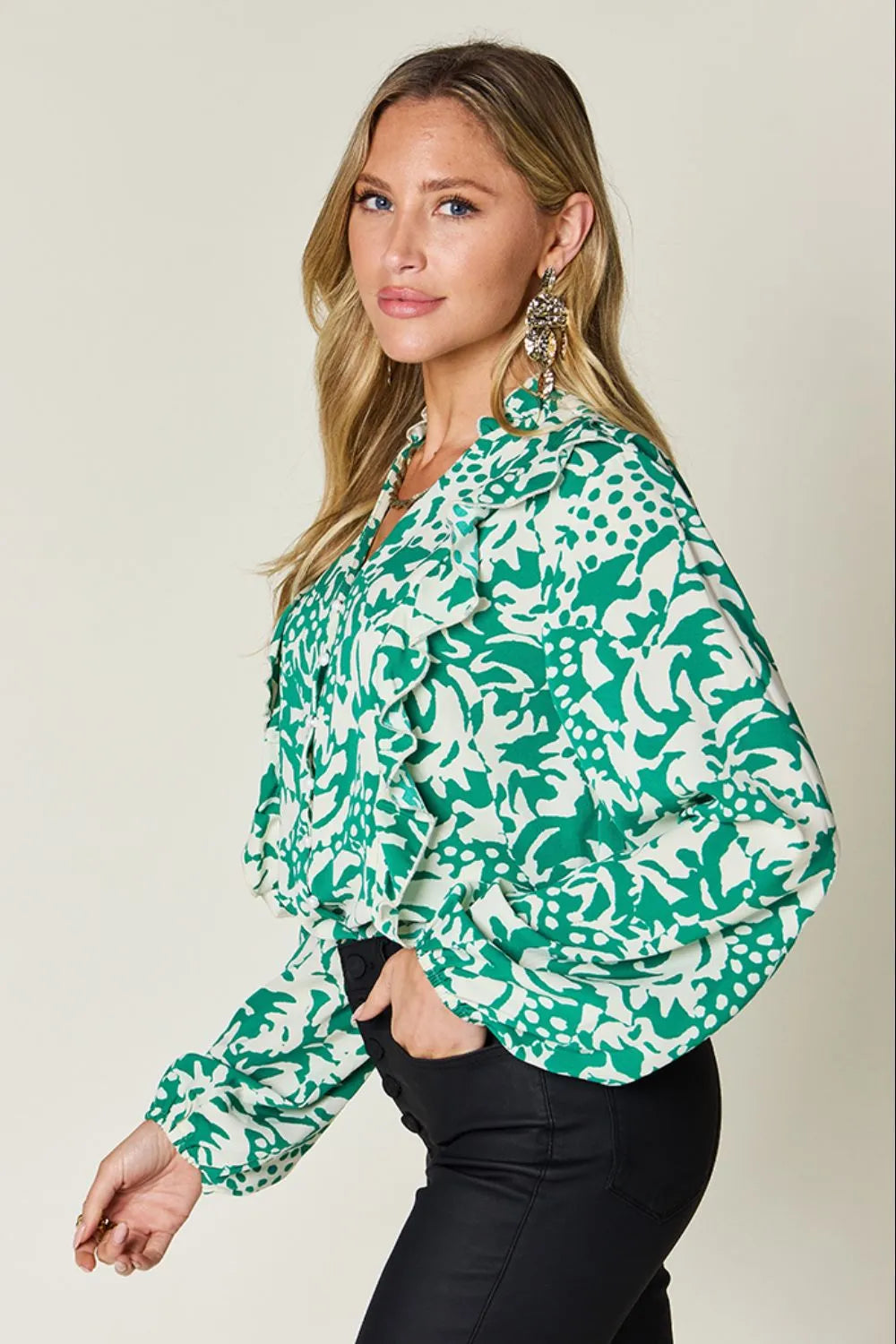 Printed balloon sleeve button-down shirt with ruffle trim