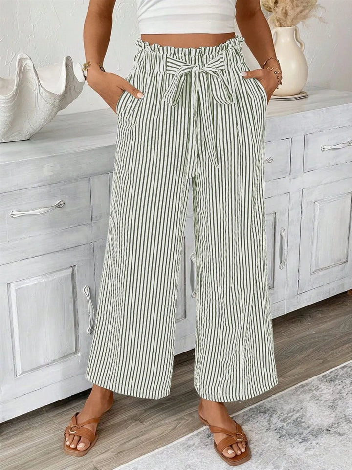Striped wide-leg paper bag pants with tie belt