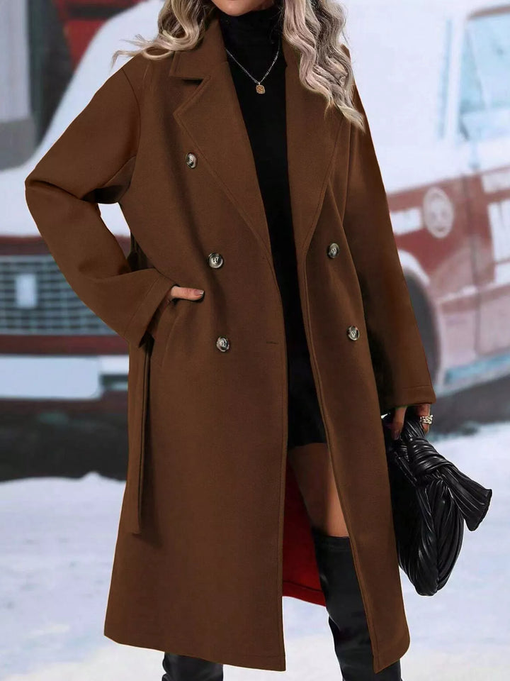 Double-breasted tie-waist long coat with notch lapels