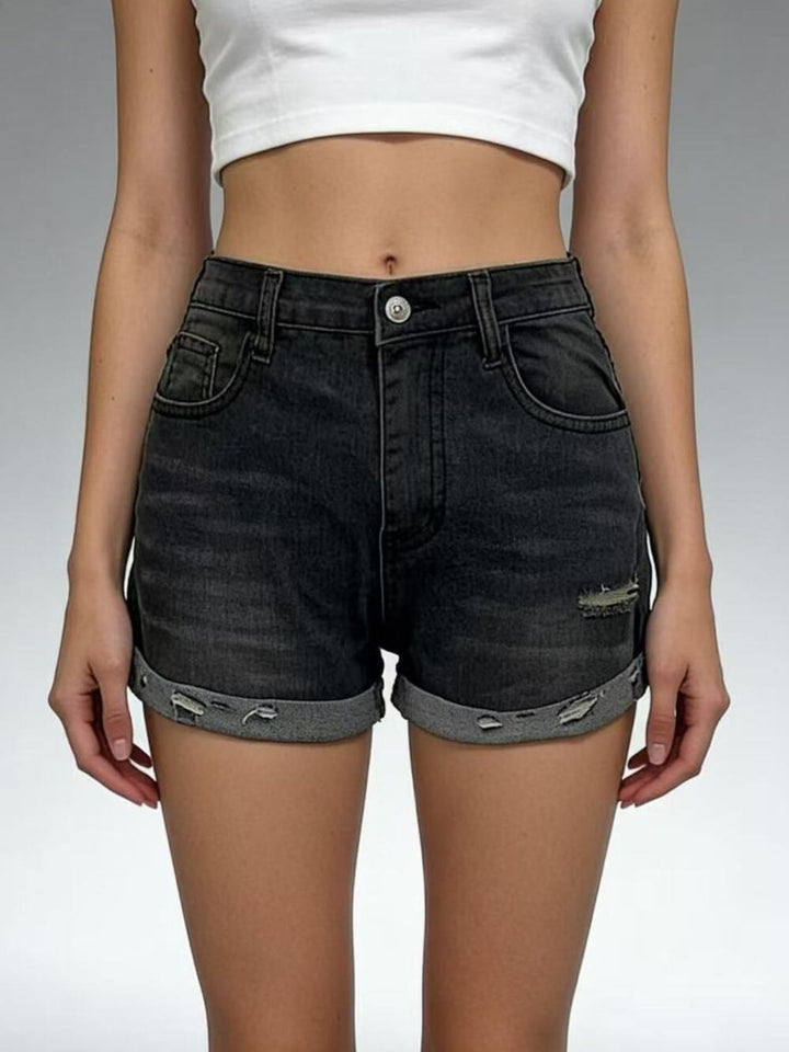 Distressed roll-up denim shorts with cuffed hem