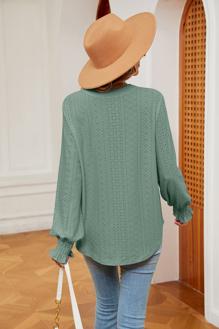 Eyelet notched-neck blouse with flounce sleeves