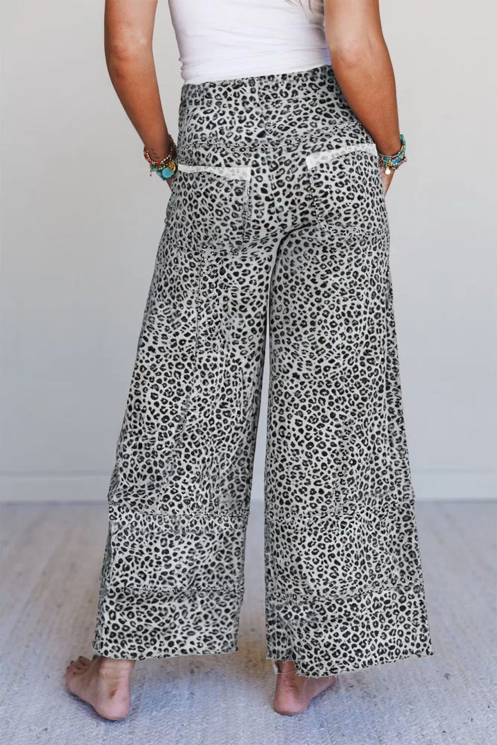 Leopard print wide-leg terry knit lounge pants