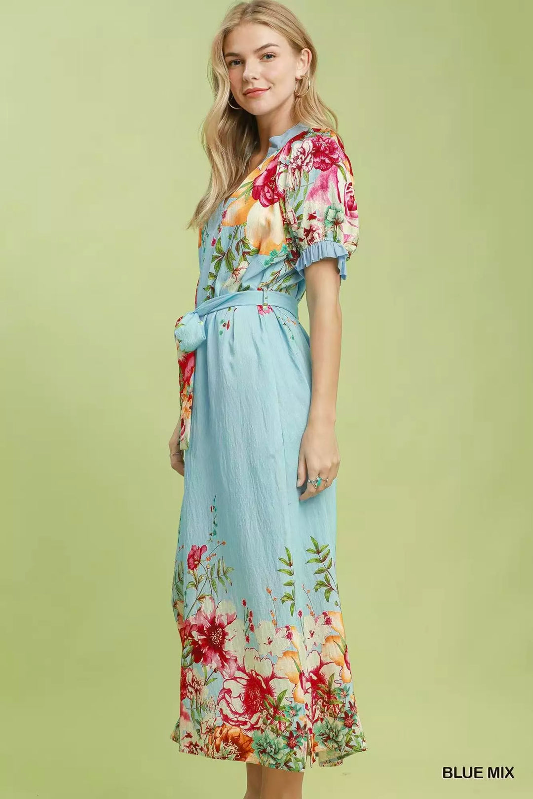 Mixed floral border print midi dress with tie belt