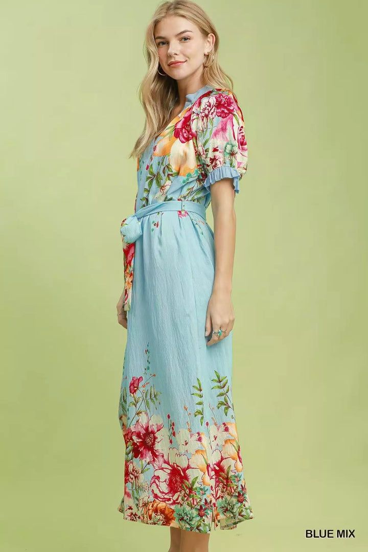 Mixed floral border print midi dress with tie belt