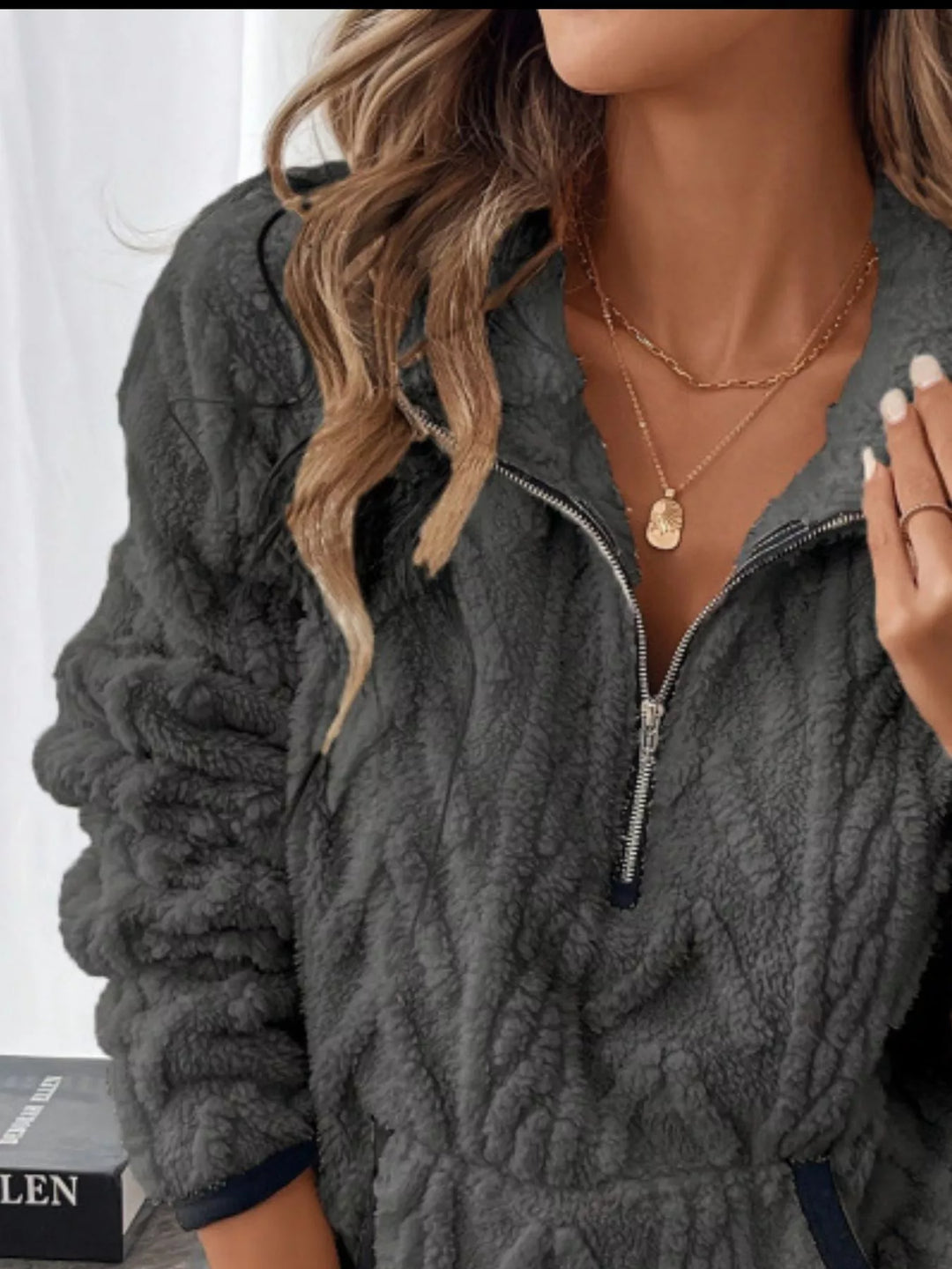 Textured sherpa half-zip pullover with contrast trim