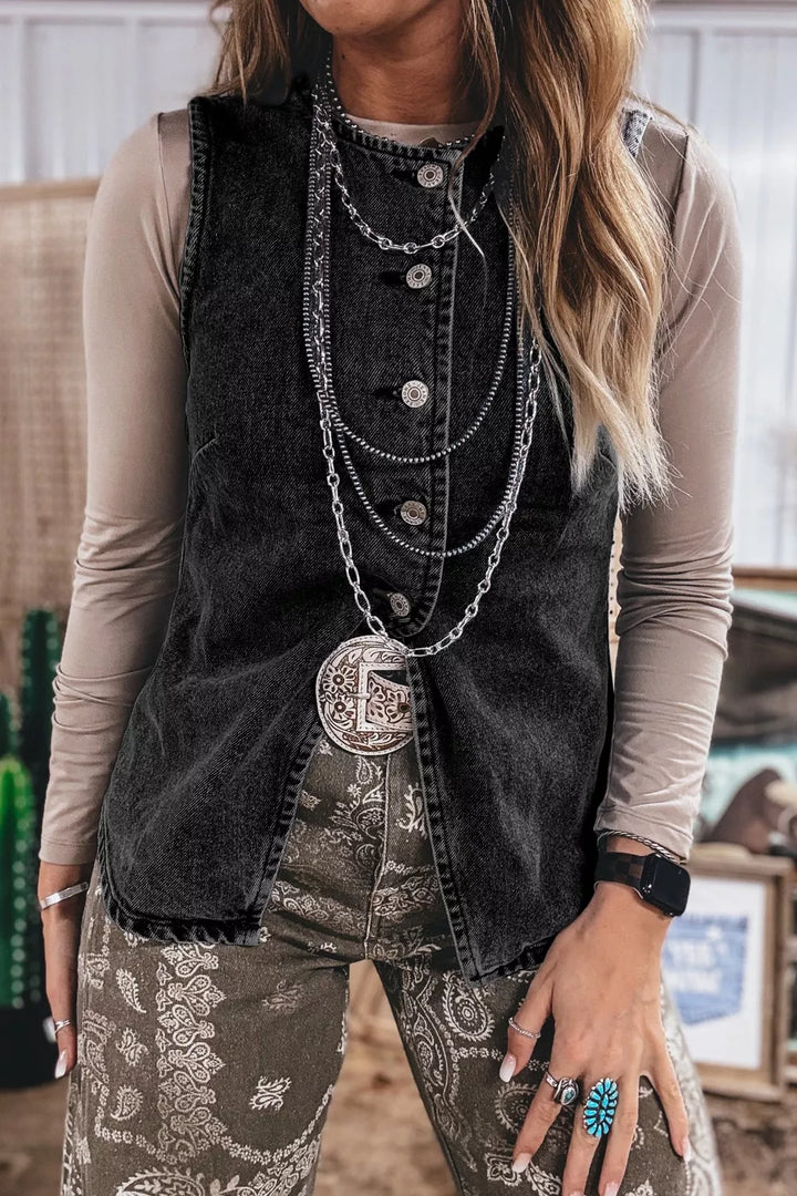 Black Vintage wash sleeveless button-down denim vest
