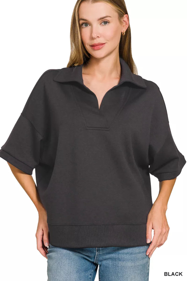 BLACK Scuba knit polo collar short sleeve pullover