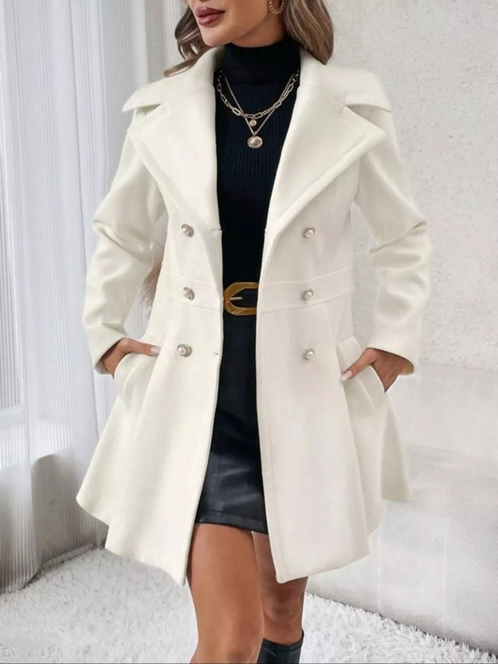 White Double-breasted peplum coat with notch lapels and pockets