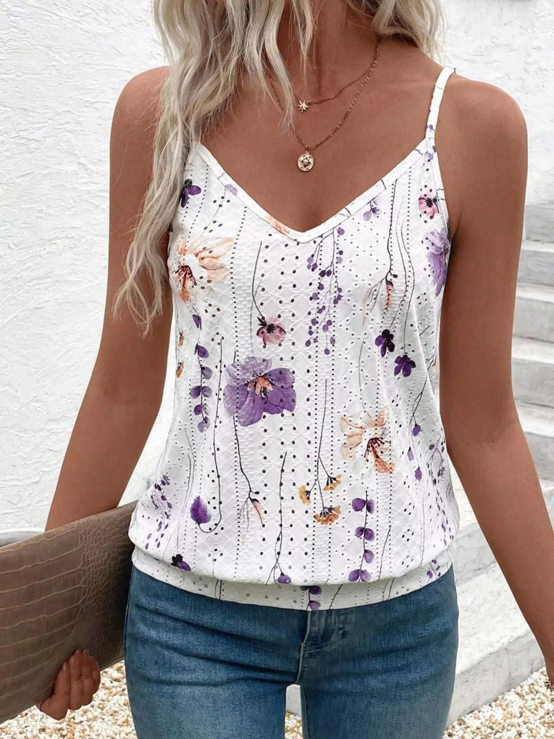 Purple Floral eyelet cami with V-neck and spaghetti straps