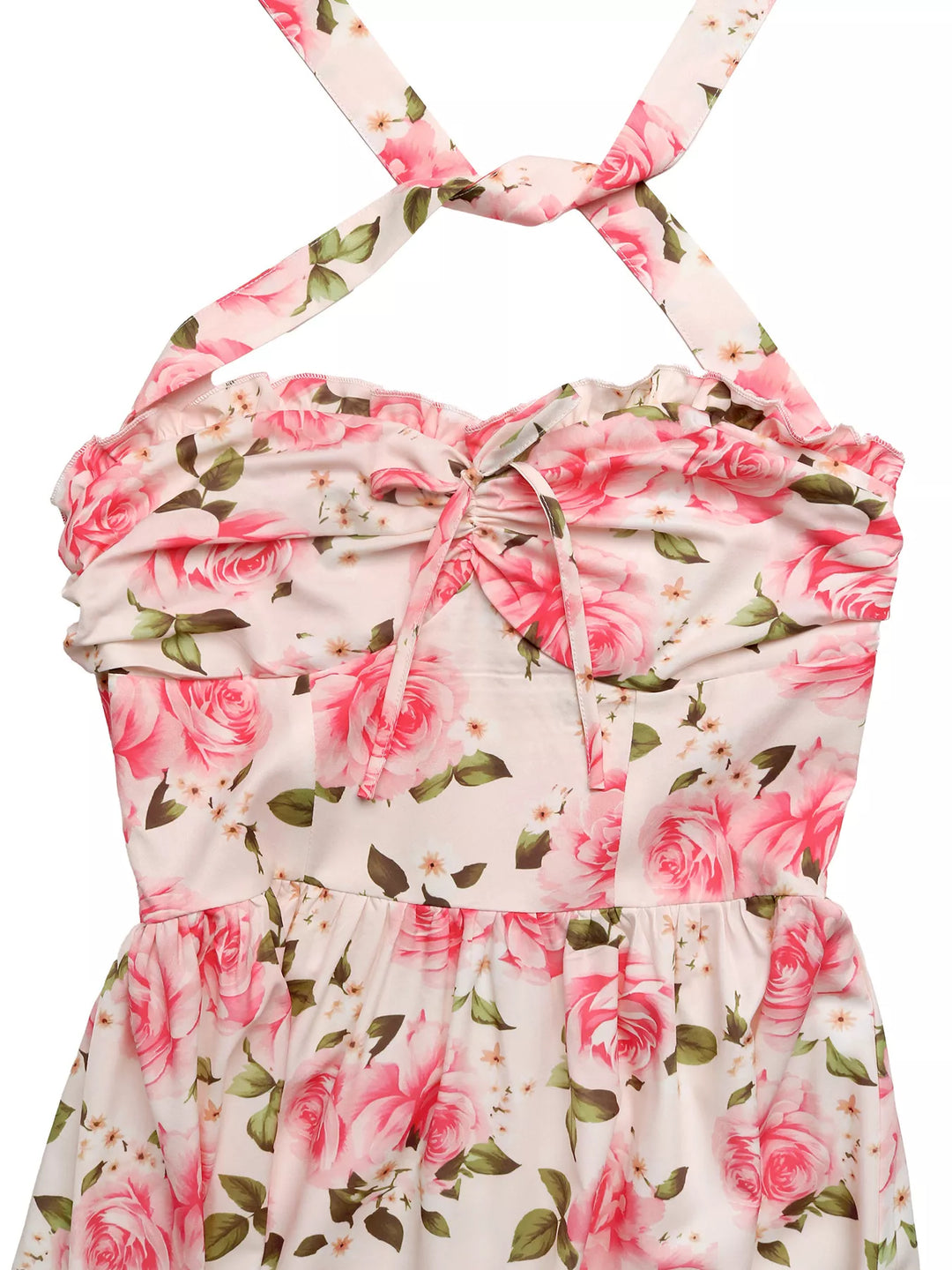 Rose print halter neck midi dress with smocked bodice