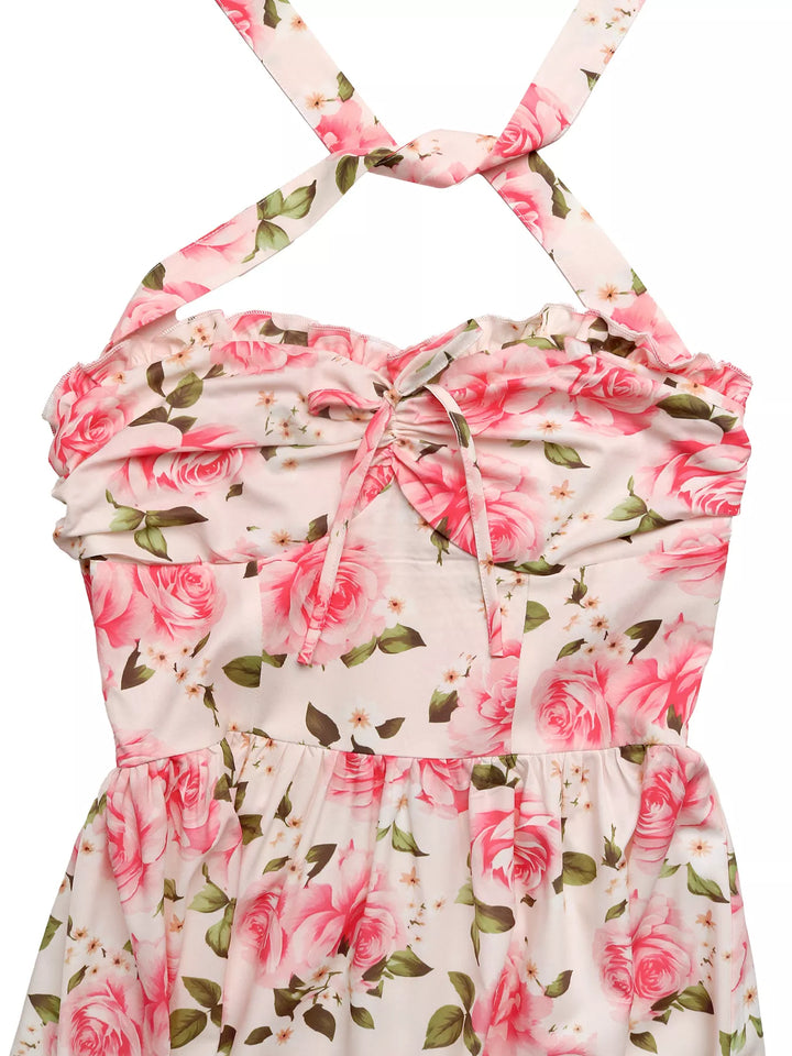 Rose print halter neck midi dress with smocked bodice