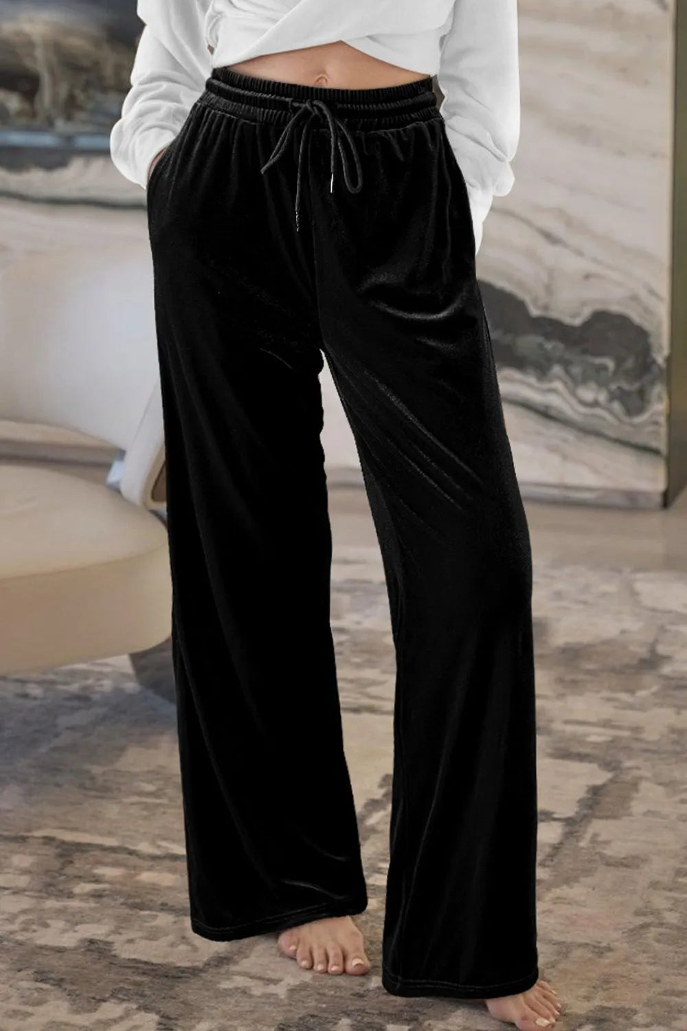 Black Velvet wide-leg drawstring pants with side pockets