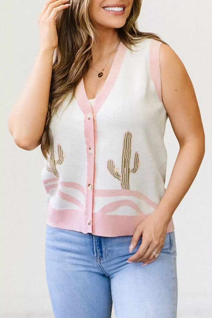 Cactus knit button-front sweater vest with contrast trim