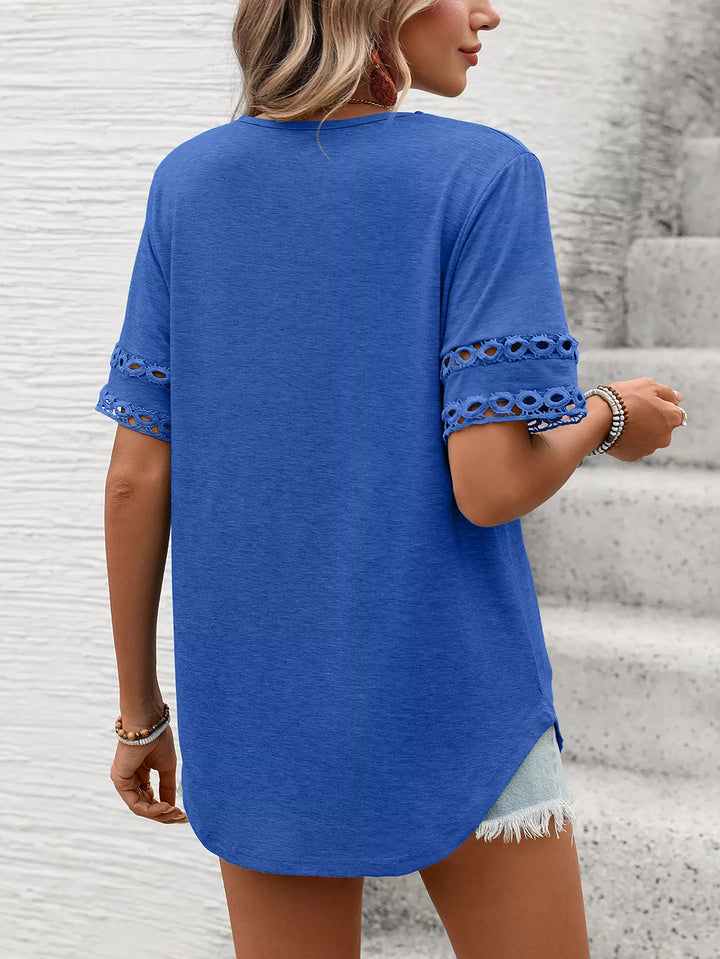 V-neck tee with crochet lace cutout sleeves