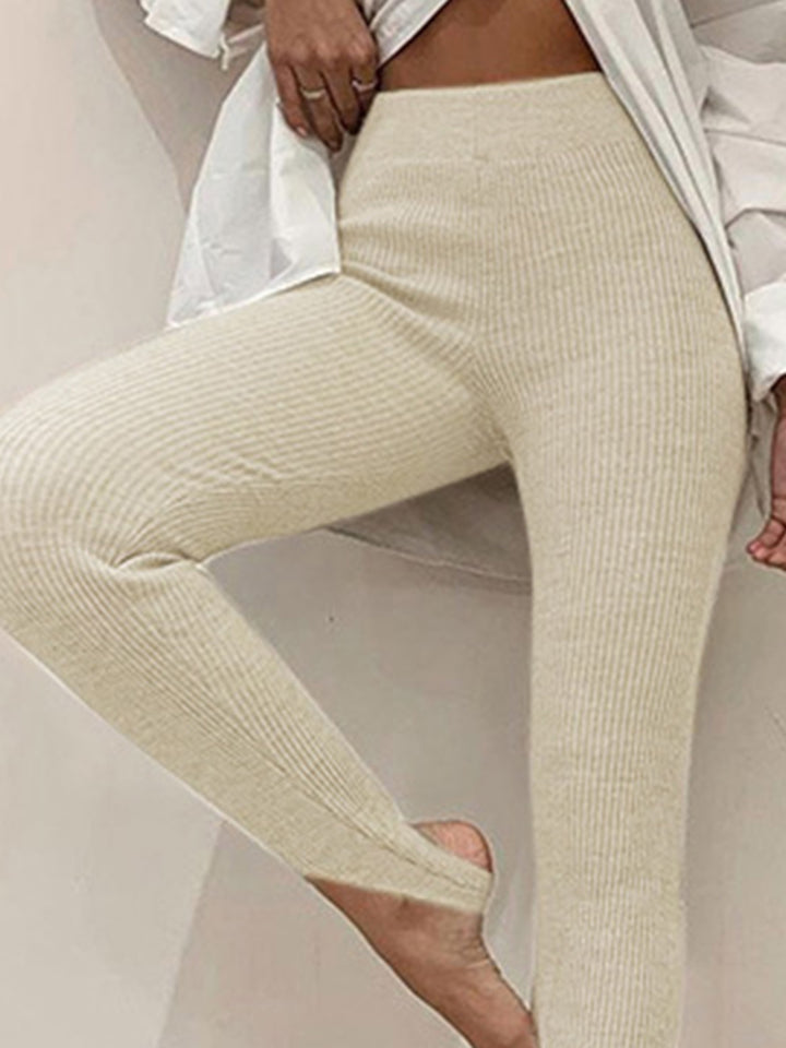 Ribbed knit mid-rise leggings with split hem