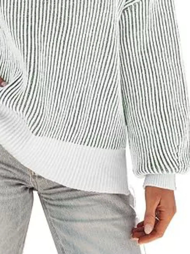Striped ribbed knit drop shoulder sweater with side slits