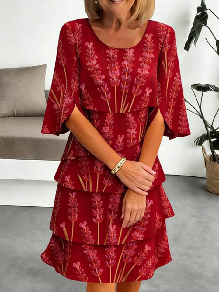 Red Tiered floral print midi dress with flutter sleeves