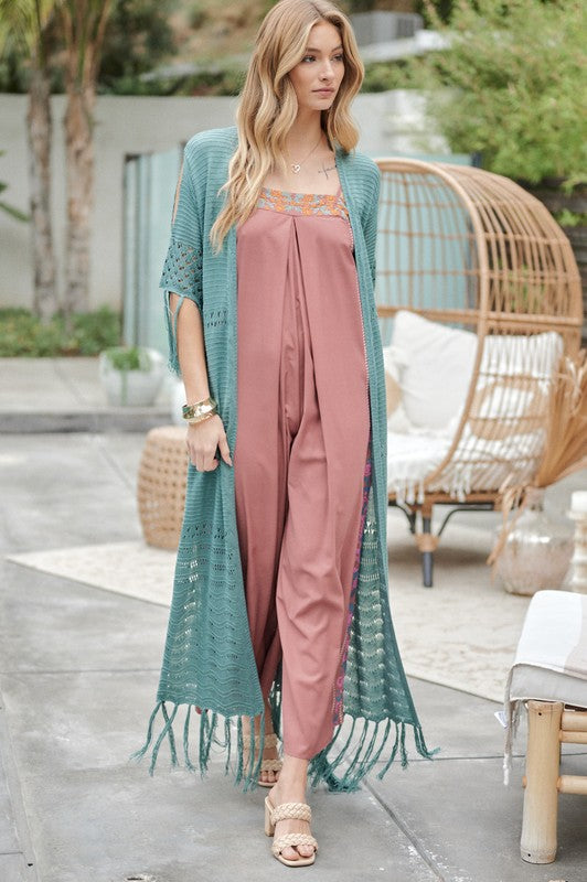 Solid Long Cardigan With Fringe - Azoroh