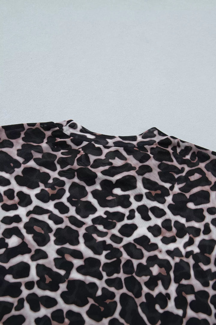 Sheer mesh leopard print fitted short sleeve top