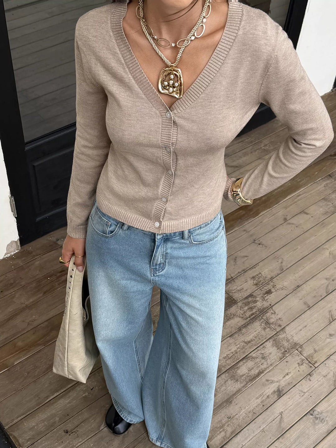 Ribbed-trim V-neck button-front knit cardigan