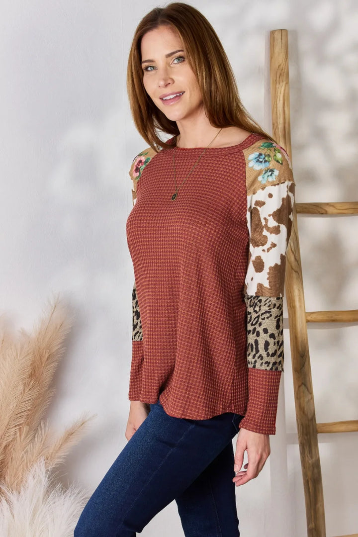 Waffle-knit top with leopard and floral print sleeves