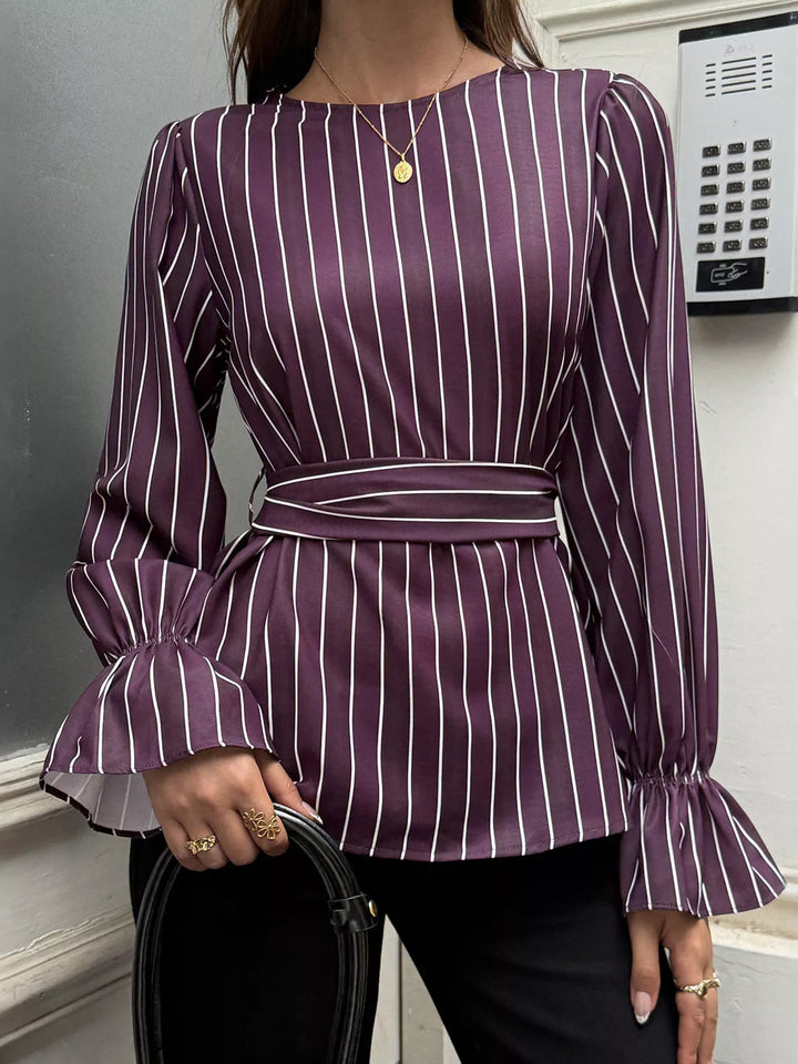 Striped tie-waist blouse with flounce bell sleeves