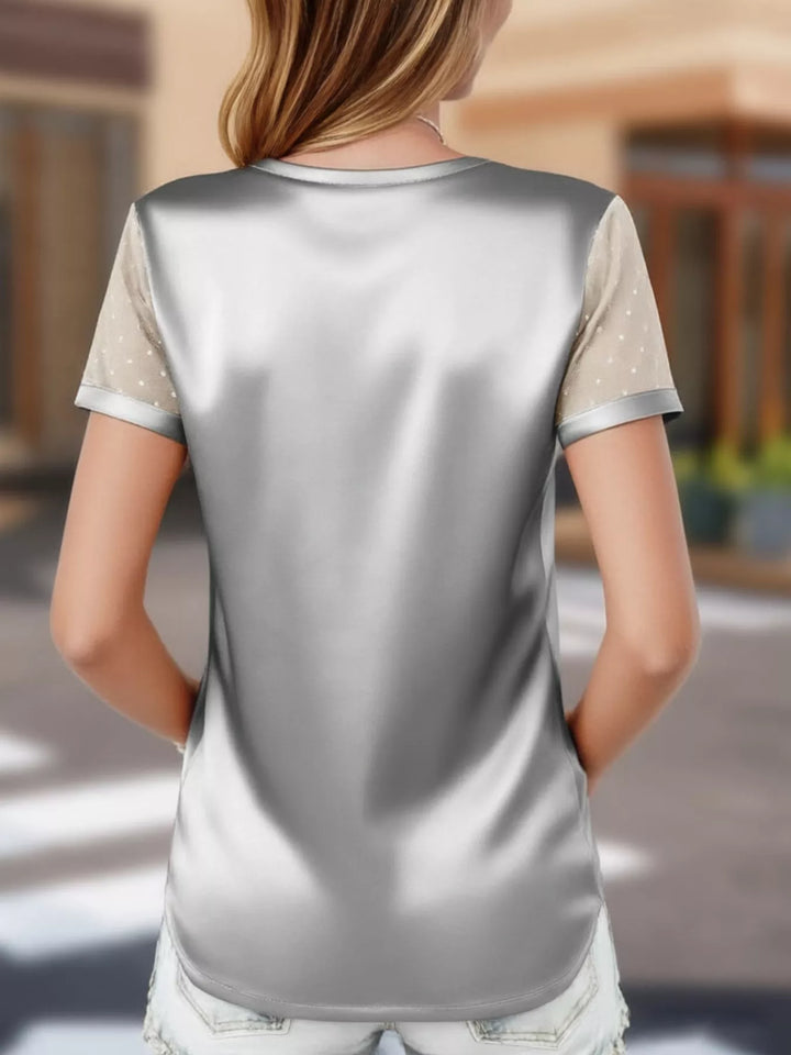 Satin v-neck top with sheer polka dot mesh sleeves