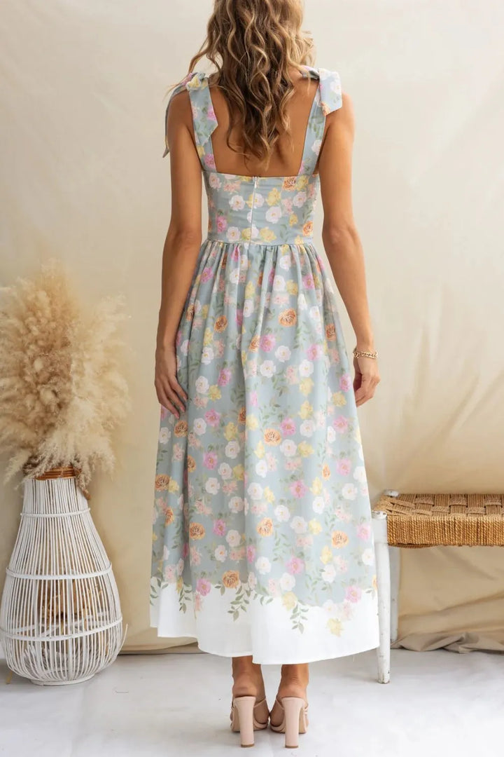 Floral tie-shoulder ruched midi cami dress