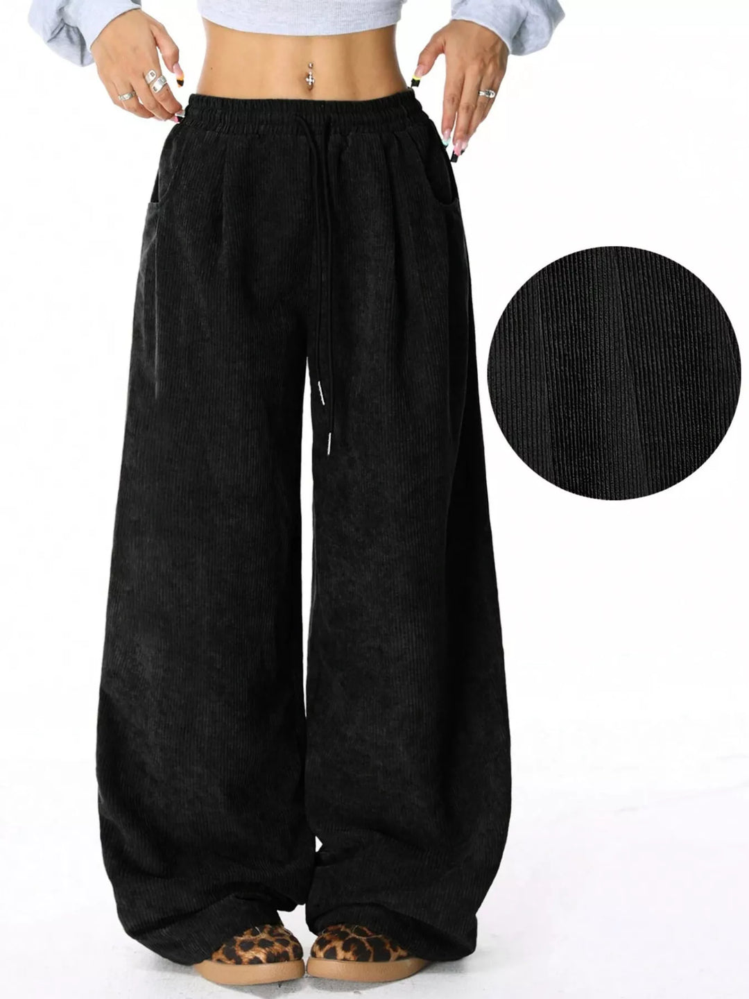 Corduroy wide-leg pants with drawstring waist