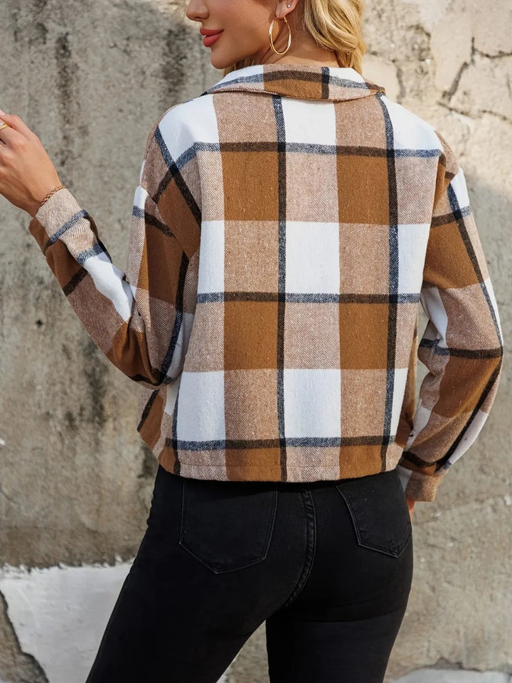 Plaid cropped shacket with button front and chest pockets