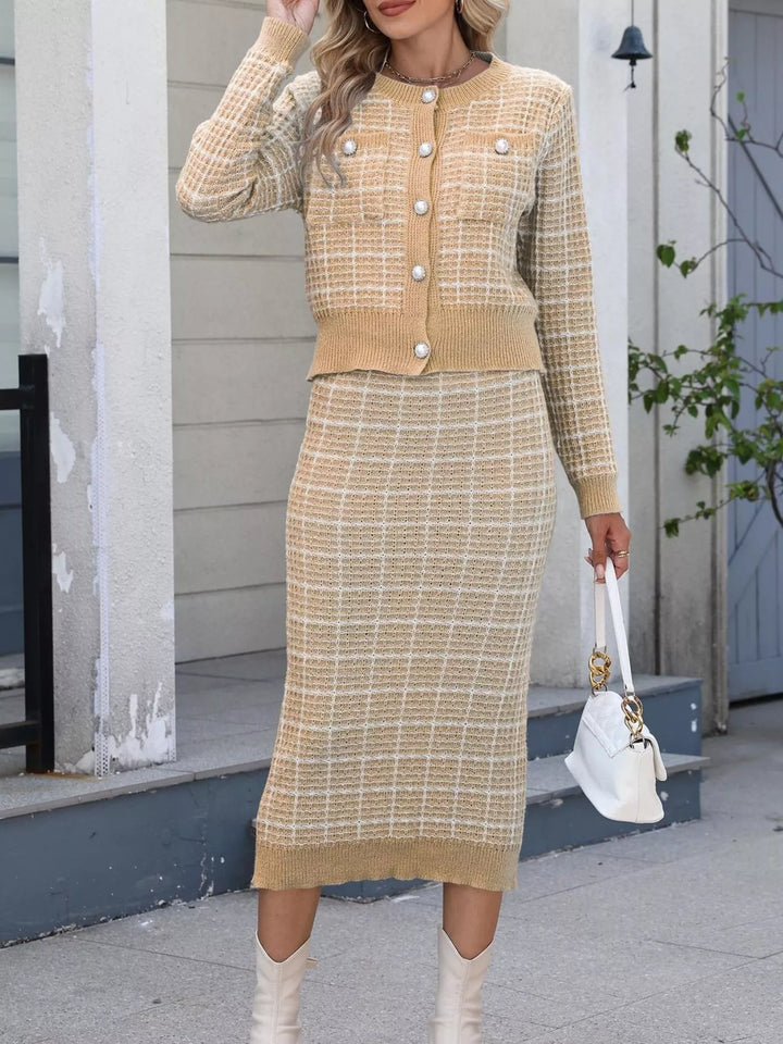 Pearl button plaid knit cardigan and midi skirt set