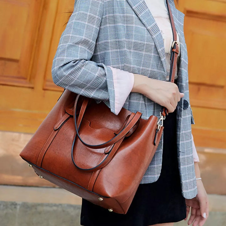 Buckle-strap faux leather shoulder tote bag