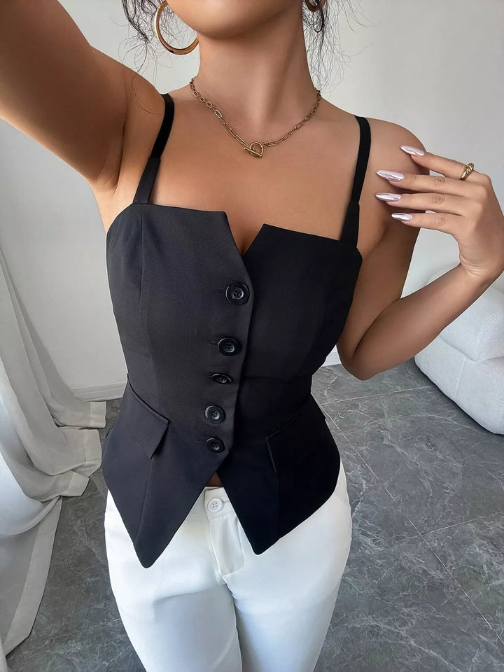 Structured button-front cami top with asymmetric hem