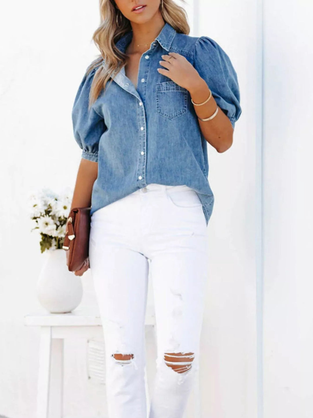 Puff sleeve button-down denim shirt with chest pocket