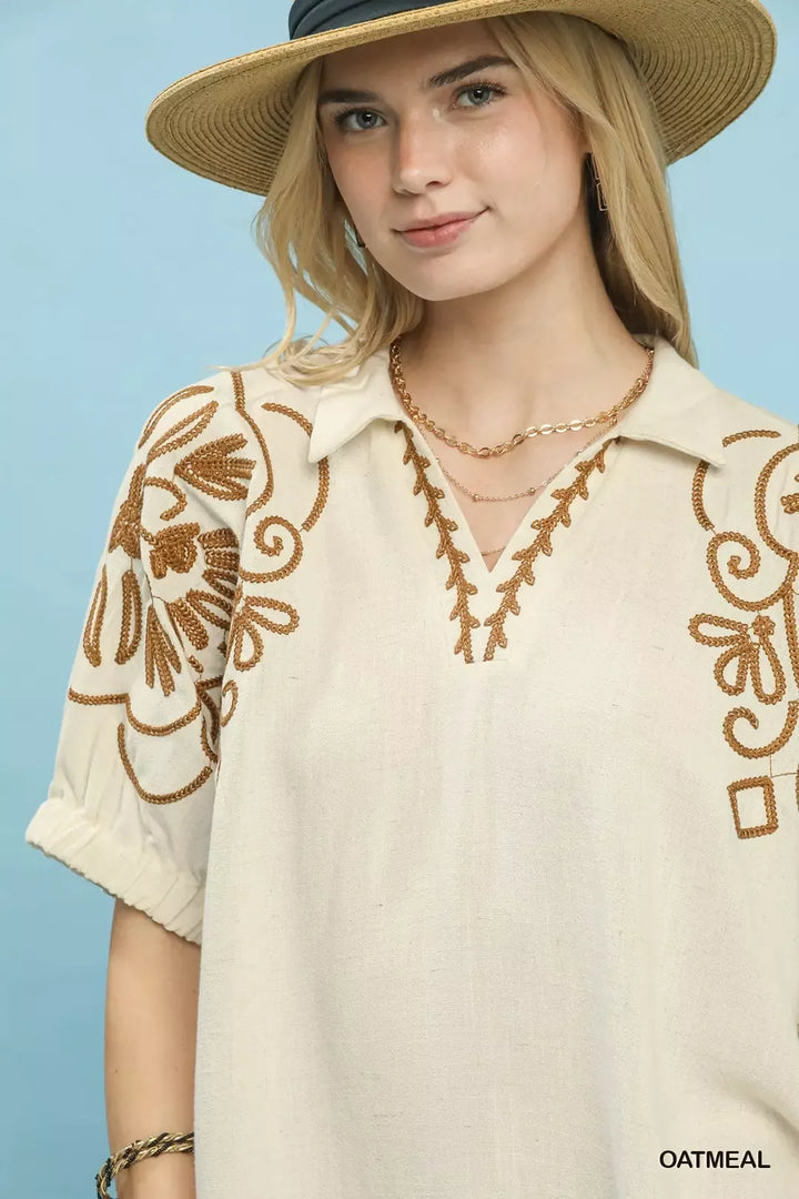 Floral embroidered puff sleeve blouse with split collar
