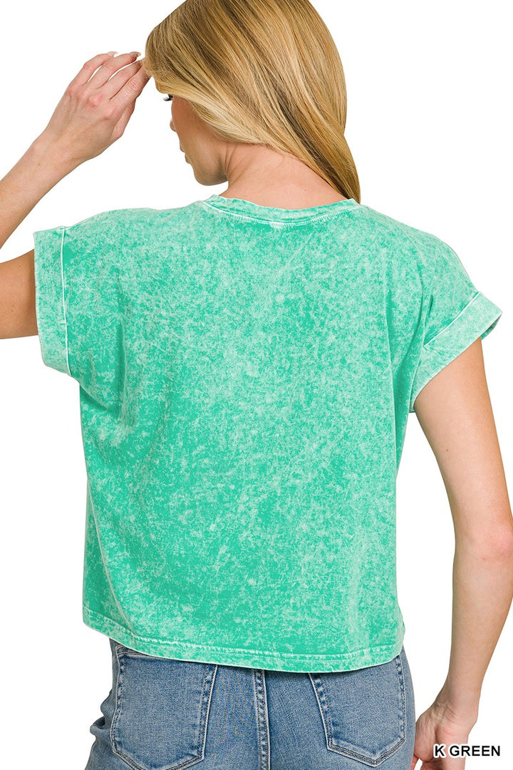 Snow-washed cotton tee with cuffed sleeves and chest pocket
