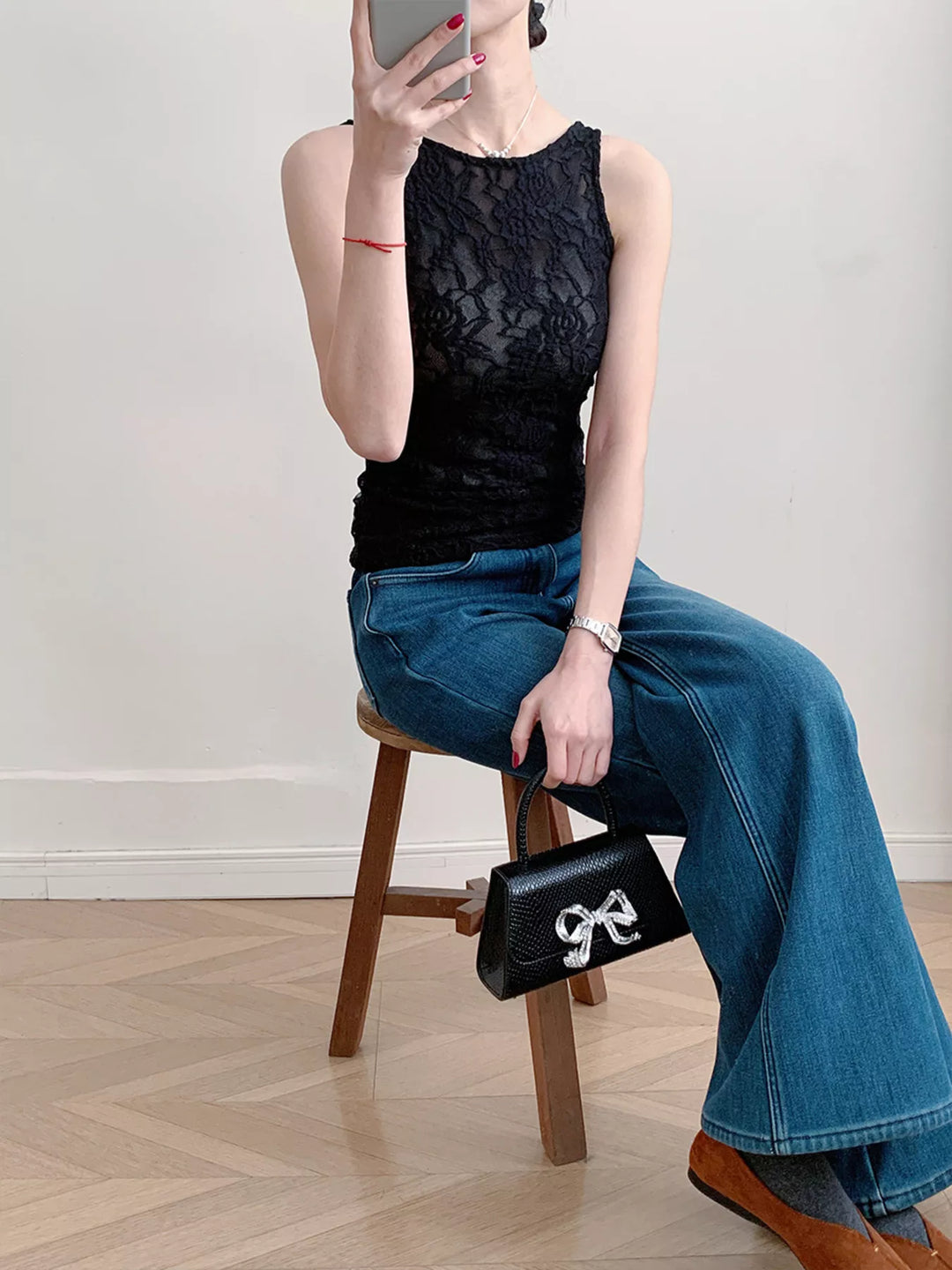 Sheer floral lace round neck long sleeve top