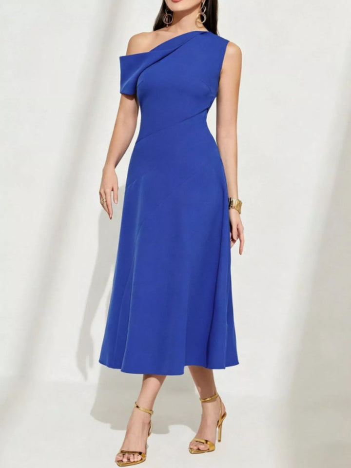 Royal Blue One-shoulder pleated midi dress with asymmetric neckline