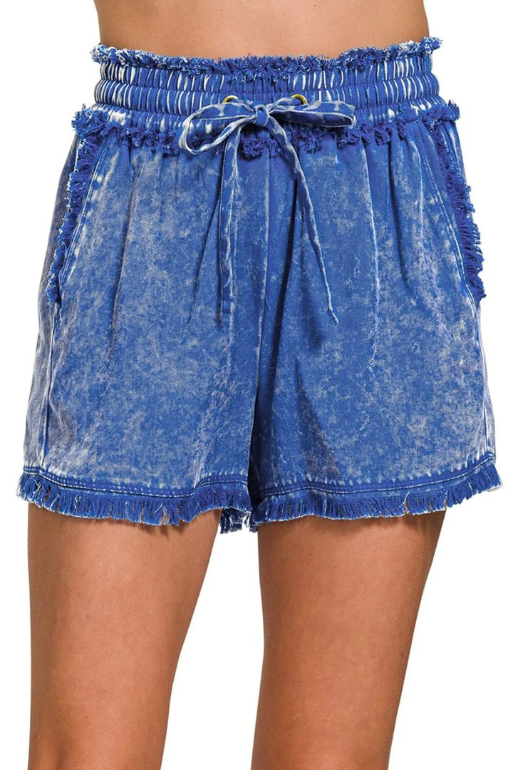 Frayed hem mineral wash denim shorts with smocked waist