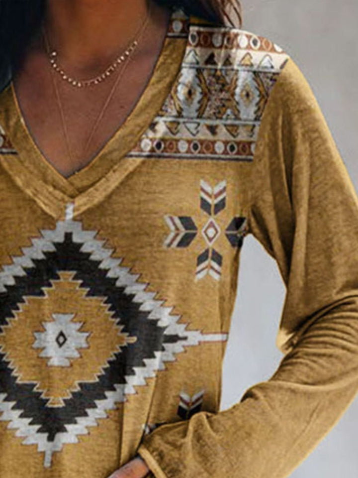Aztec geometric print v-neck long sleeve top