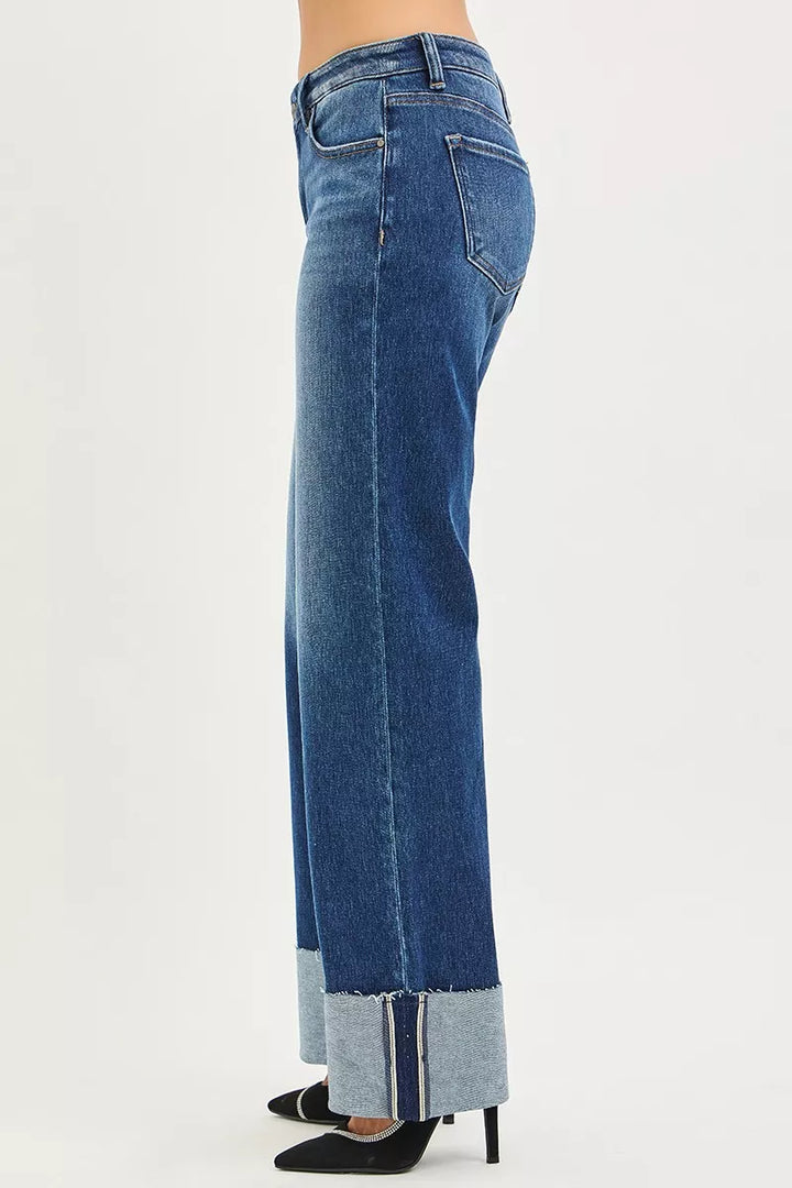 Mid-rise wide straight jeans with cuffed raw hem