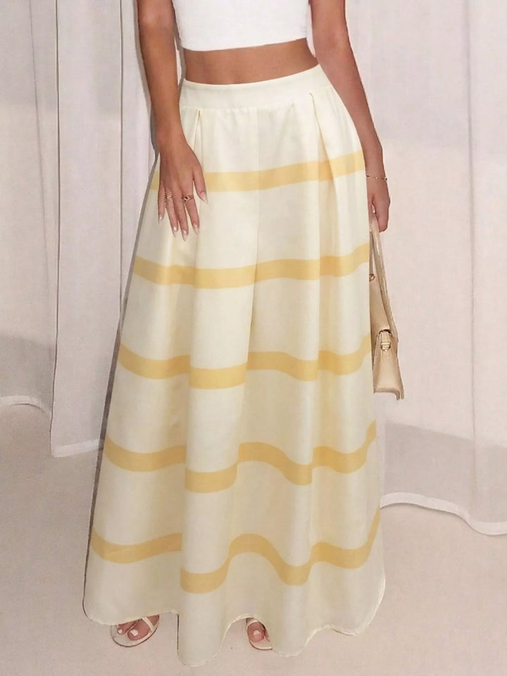 Striped pleated A-line maxi skirt with pockets